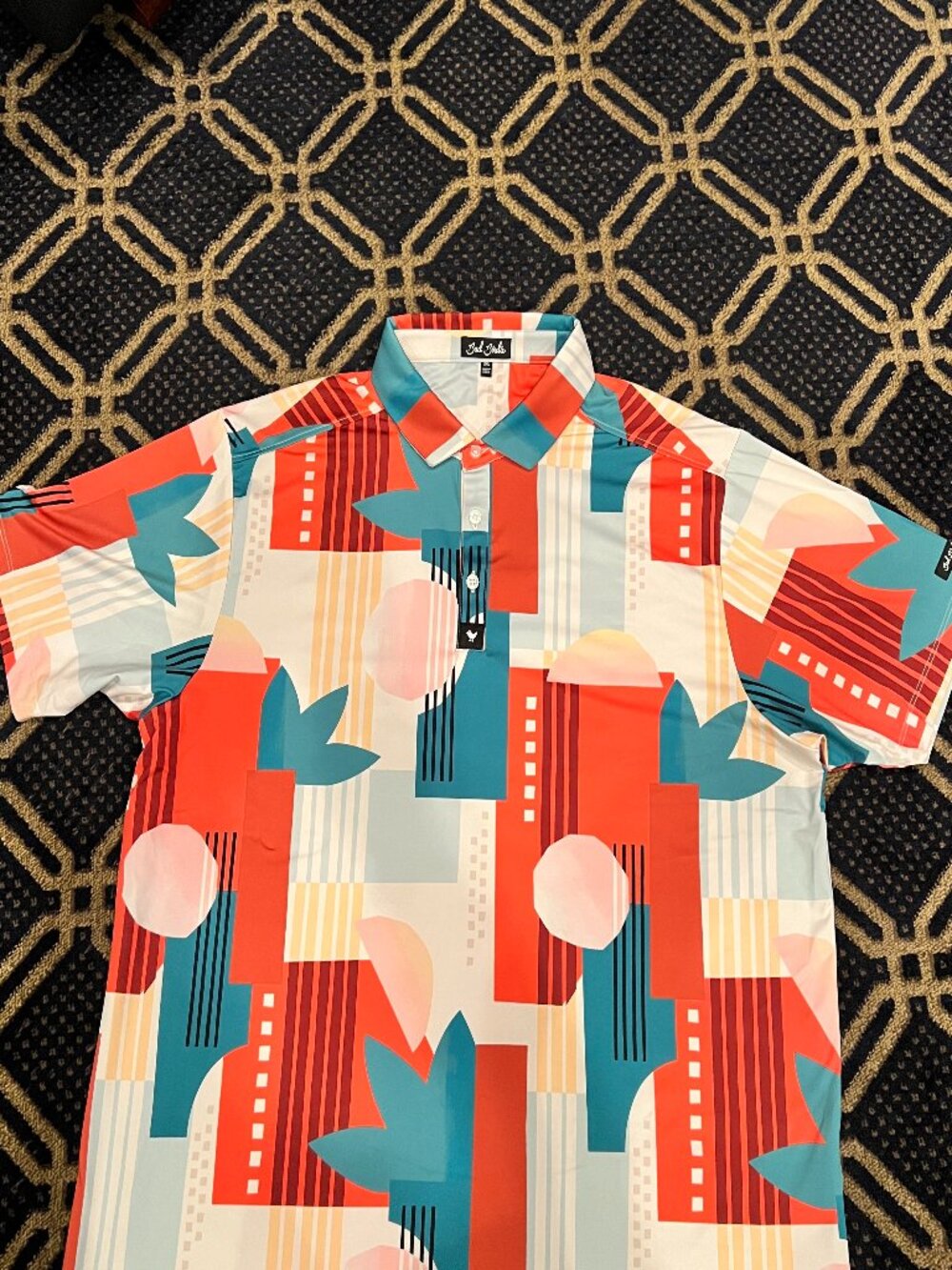 Bad Birdie Men’s 2XL Abstract Retro Golf Polo Orange Teal Pink Performance Shirt